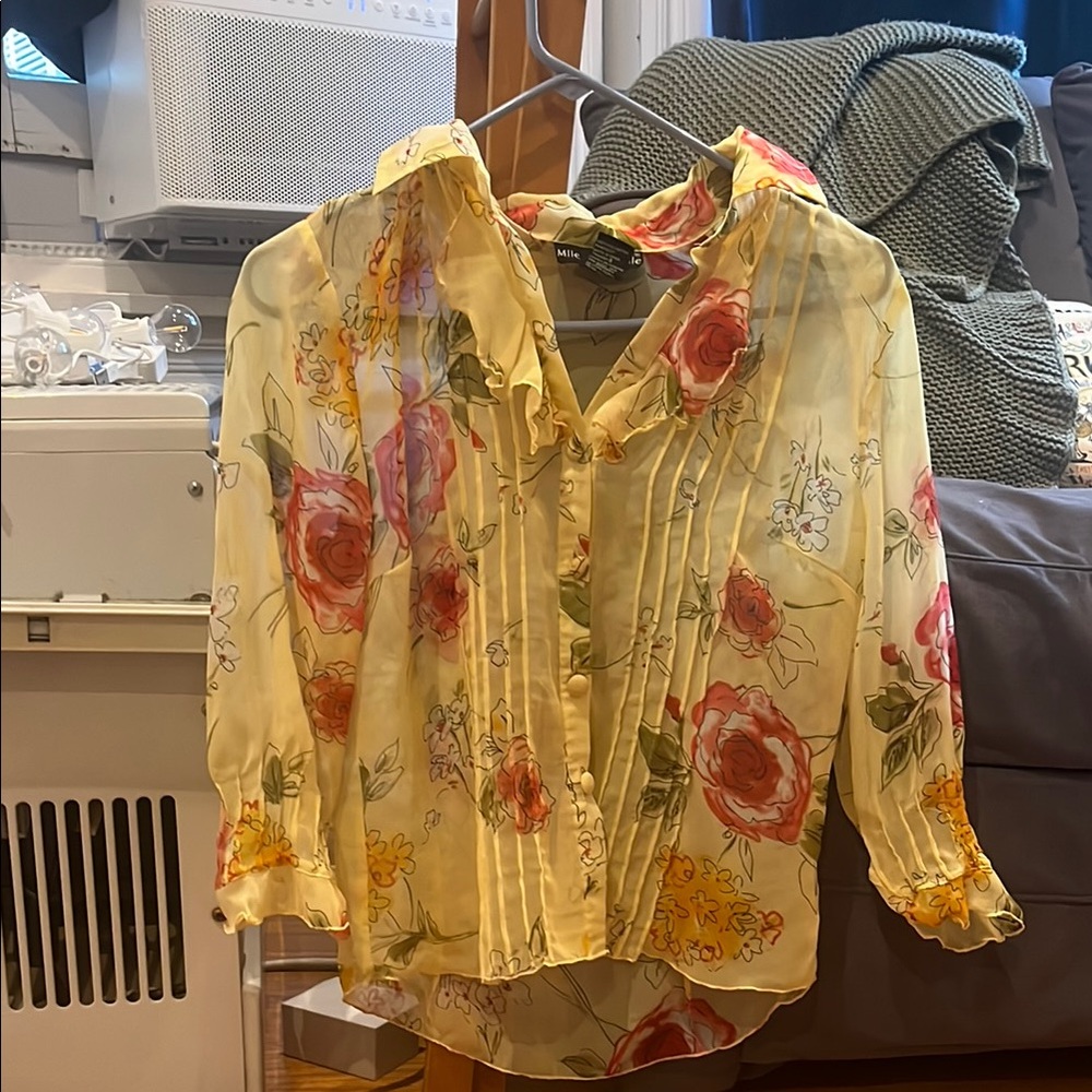 Mlle Gabrielle Yellow Pleated Notched Collar Blouse